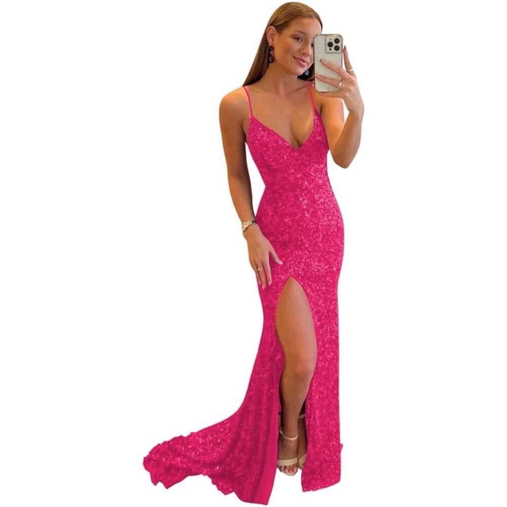 Beautiful long sparkly pink high slit dress.